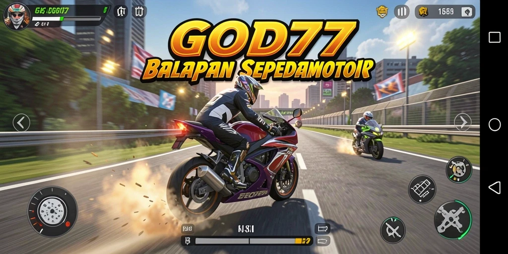 Tampilan gameplay balapan motor yang mendebarkan di GOD77.